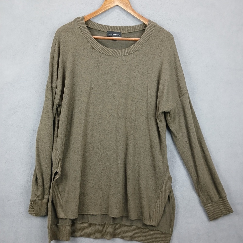 Fortune + Ivy Tunic Sweater Womens Large Green High Low Hem Dropped‎ Shoulder